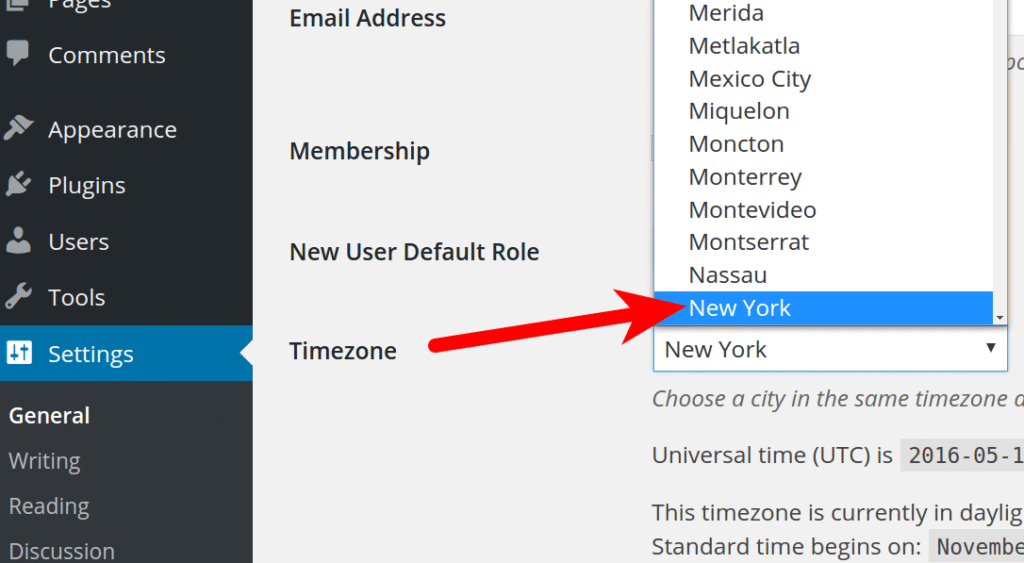 wordpress timezone selecting time zone